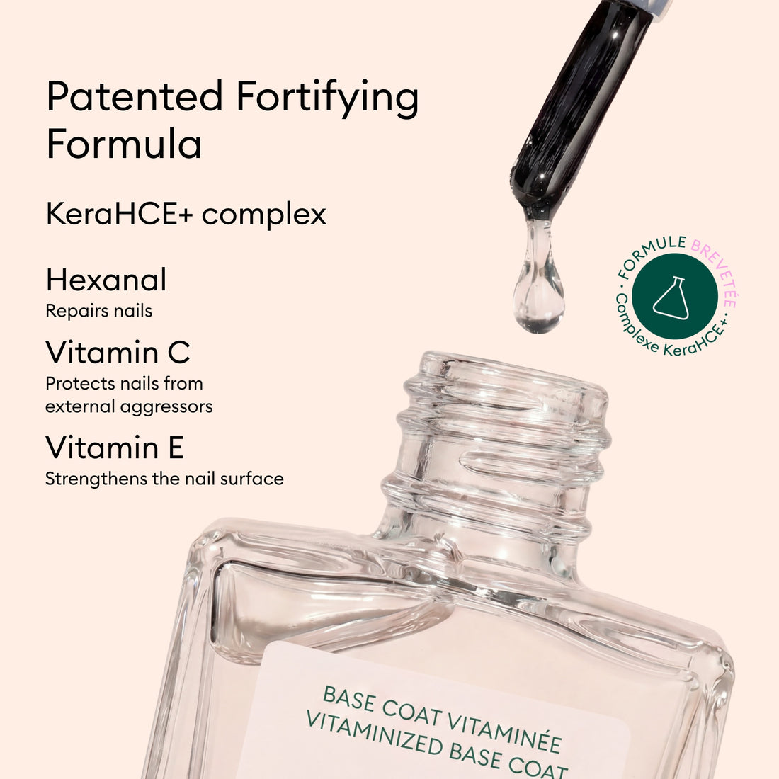 A dropper dispenses liquid into an open Manucurist Vitaminised Base Coat Green™ bottle. Text highlights a patented formula with KeraHCE+ to strengthen nails, plus Hexanal, Vitamin C, and Vitamin E for nail health.