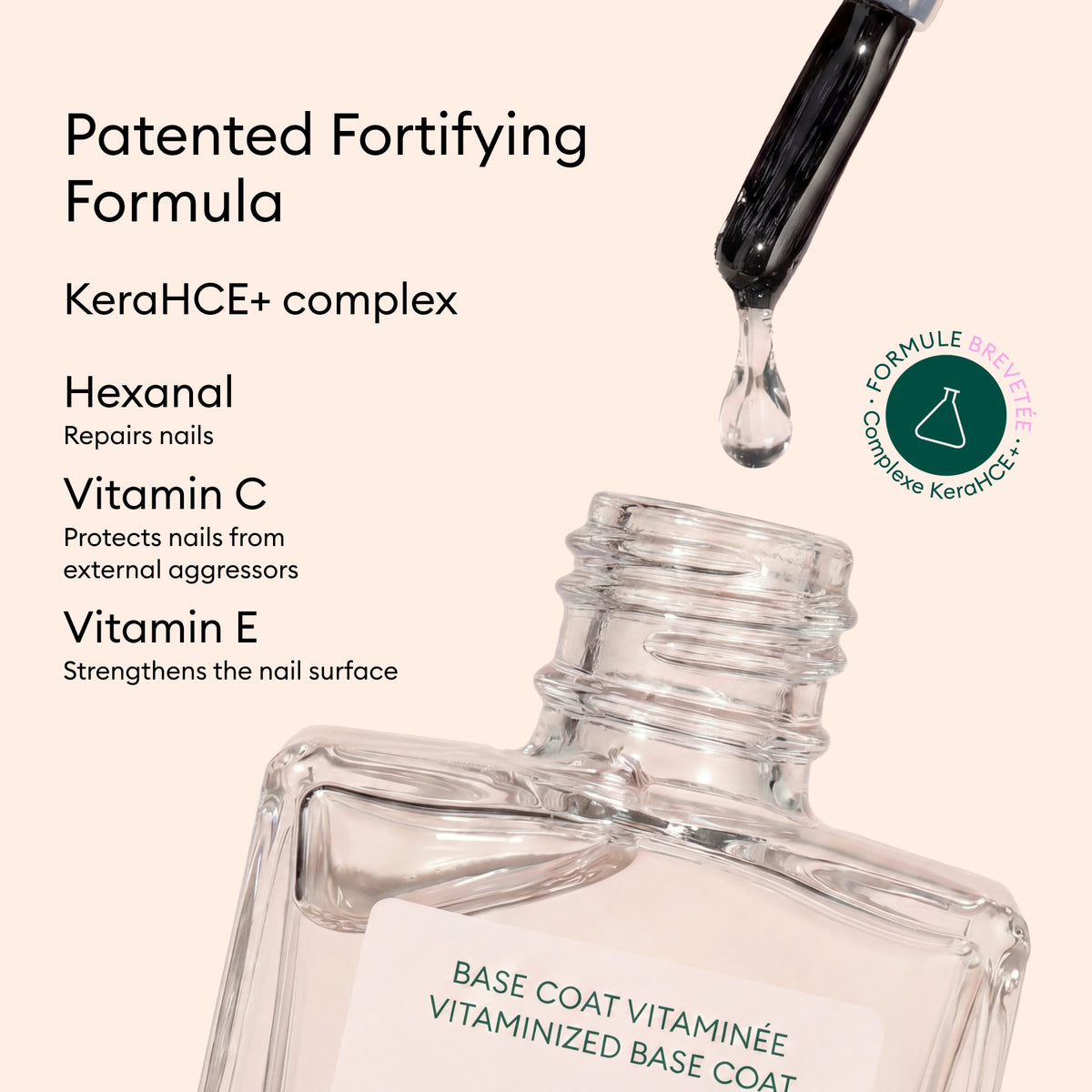 A dropper dispenses liquid into an open Manucurist Vitaminised Base Coat Green™ bottle. Text highlights a patented formula with KeraHCE+ to strengthen nails, plus Hexanal, Vitamin C, and Vitamin E for nail health.