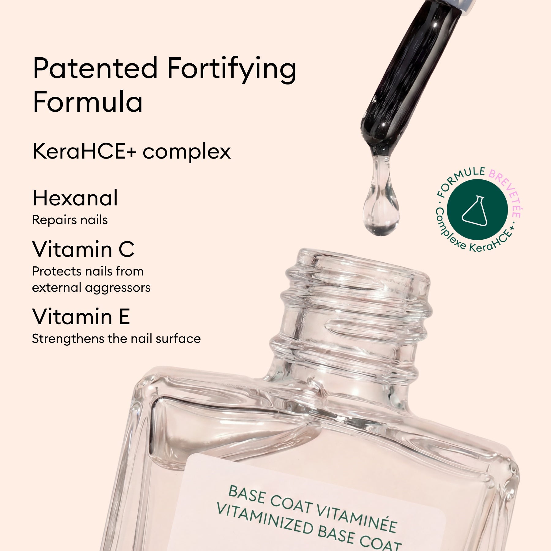 A dropper dispenses liquid into an open Manucurist Vitaminised Base Coat Green™ bottle. Text highlights a patented formula with KeraHCE+ to strengthen nails, plus Hexanal, Vitamin C, and Vitamin E for nail health.