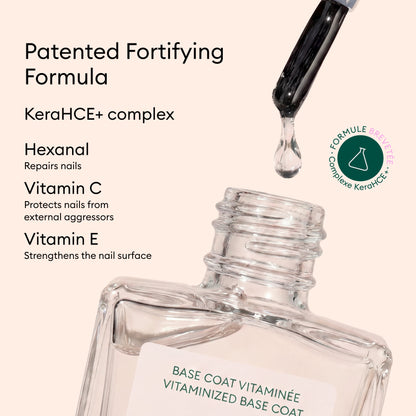 A dropper dispenses liquid into an open Manucurist Vitaminised Base Coat Green™ bottle. Text highlights a patented formula with KeraHCE+ to strengthen nails, plus Hexanal, Vitamin C, and Vitamin E for nail health.