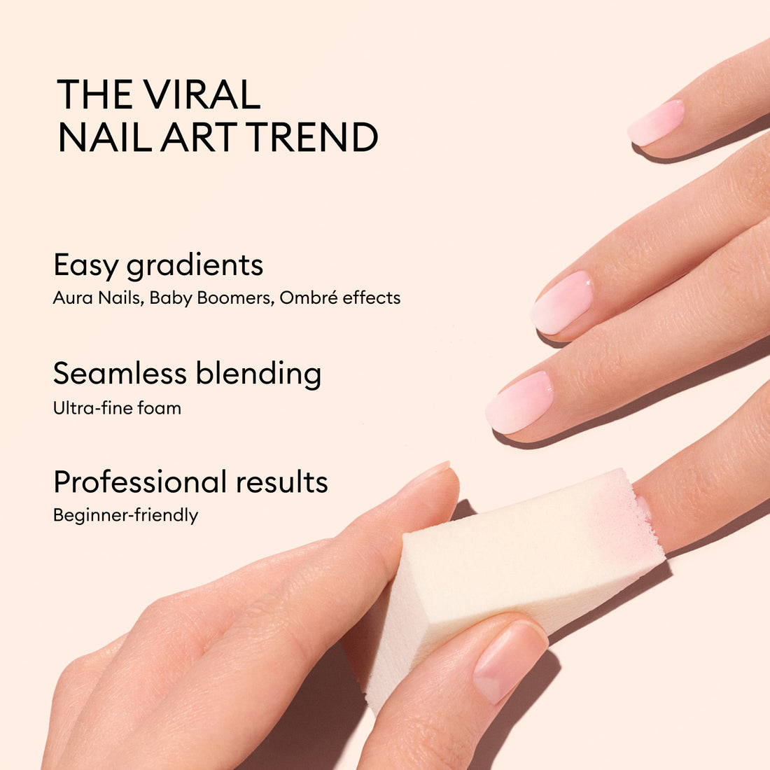 A hand uses a Manucurist Nail Art Sponge (from the x4 pack) to effortlessly create a pink and white gradient manicure on another hand, perfectly illustrating the popular Baby Boomer nail art style. Text highlights easy gradients, seamless blending, and professional results as standout features of these viral Manucurist sponges.