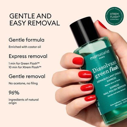 A hand with red nails holds a green bottle of Manucurist Green Flash™ Gel Polish Remover, which gently and easily removes gel polish in express time with a 96% natural origin formula.