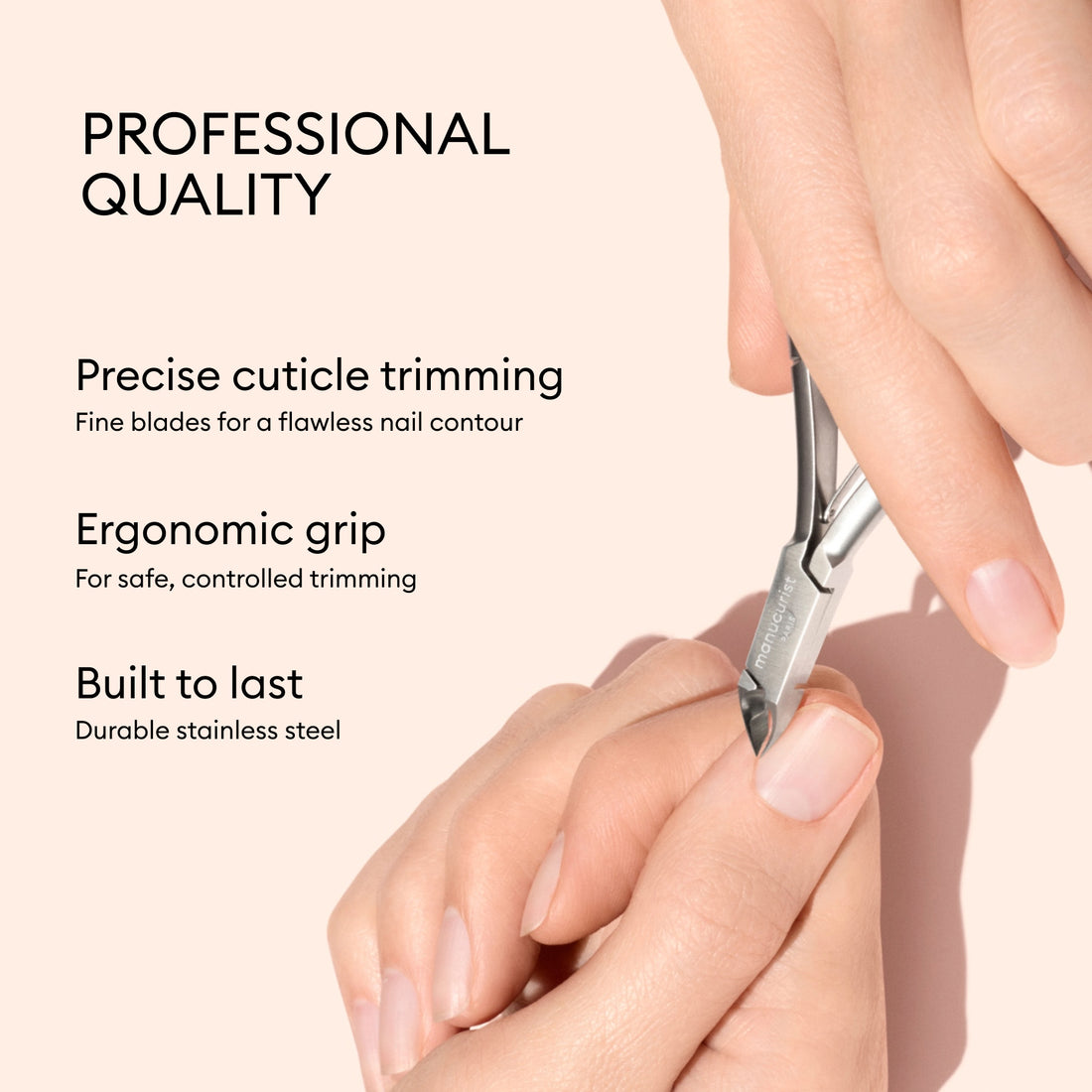 A hand uses Manucurist cuticle nippers on another hand’s fingernail, with text highlighting features: precise trimming, ergonomic grip, and durable stainless steel construction.