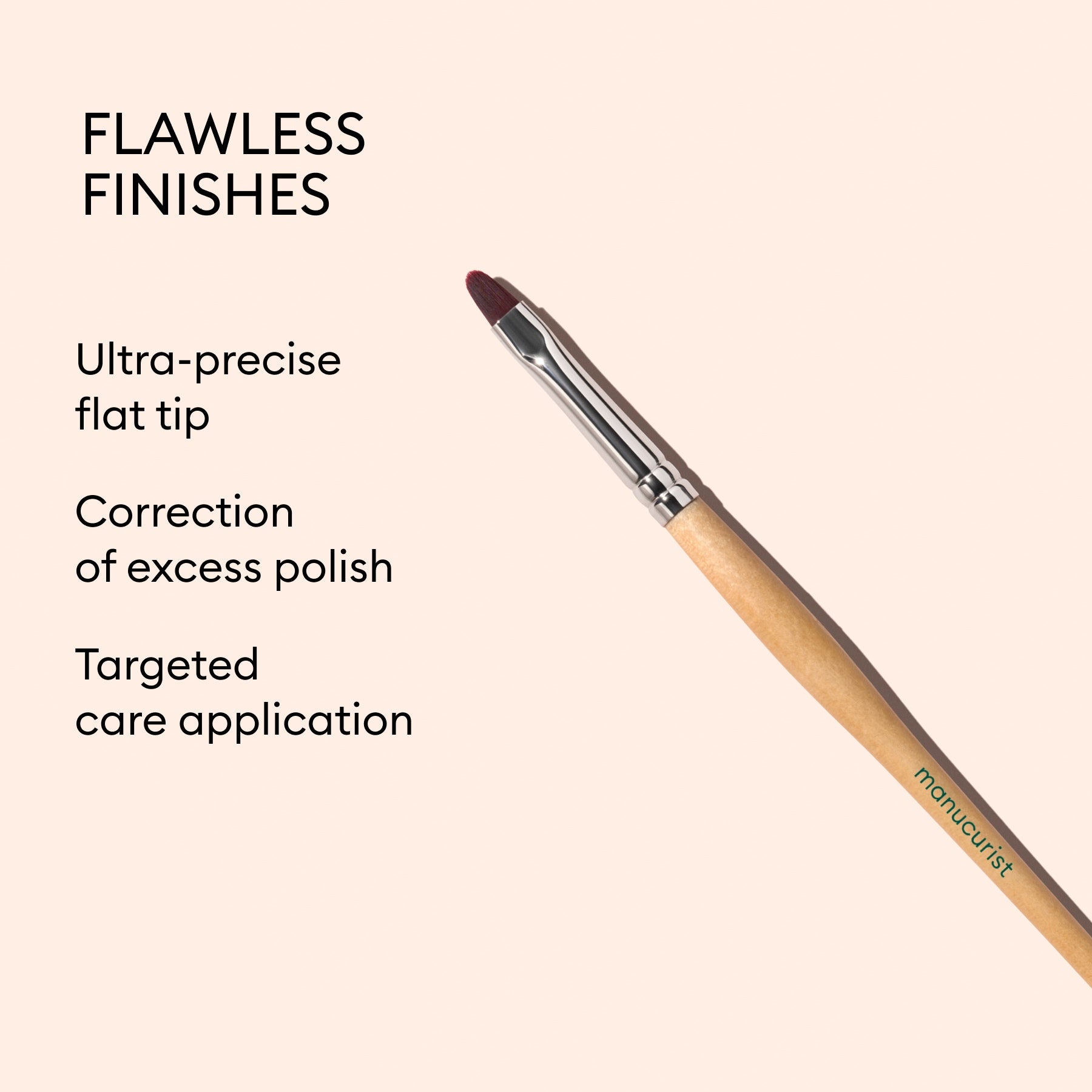 The Manucurist Flat Brush nail art tool with an ultra-precise flat tip is displayed on a pink background. Text emphasizes its effectiveness in correcting excess polish, enabling targeted cuticle care application, and making it ideal for perfecting your manicure.