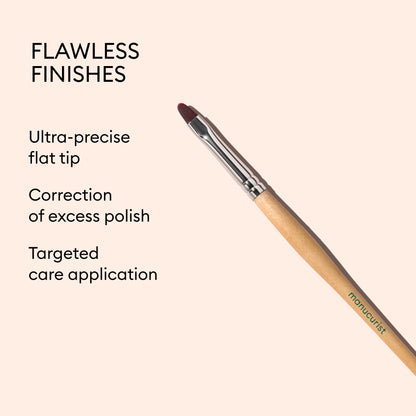 The Manucurist Flat Brush nail art tool with an ultra-precise flat tip is displayed on a pink background. Text emphasizes its effectiveness in correcting excess polish, enabling targeted cuticle care application, and making it ideal for perfecting your manicure.