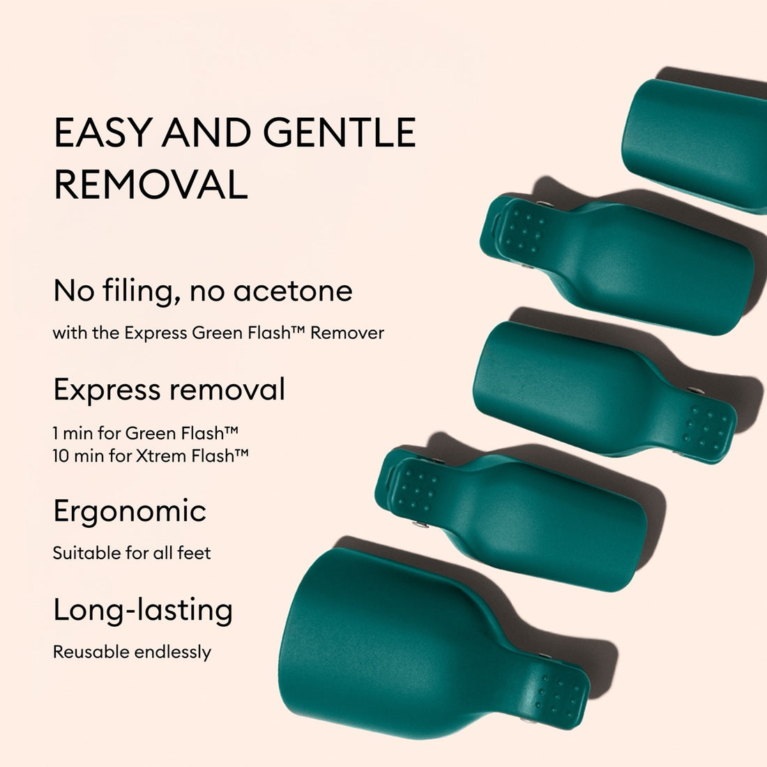 Five teal Manucurist Foot Removal Clips are displayed on a beige background. Text highlights benefits: no filing or acetone needed, express pedicure removal, ergonomic design, and long-lasting, reusable use.