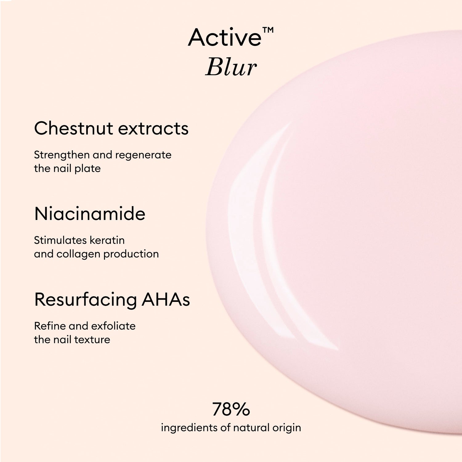 A promotional graphic for Manucurist Active Blur shows a pink, glossy substance on the right and text on the left highlighting its nail-enhancing, blurring care formula with 78% natural origin ingredients.