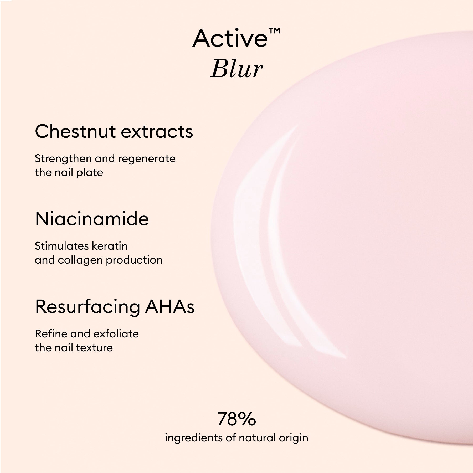 A promotional graphic for Manucurist Active Blur shows a pink, glossy substance on the right and text on the left highlighting its nail-enhancing, blurring care formula with 78% natural origin ingredients.