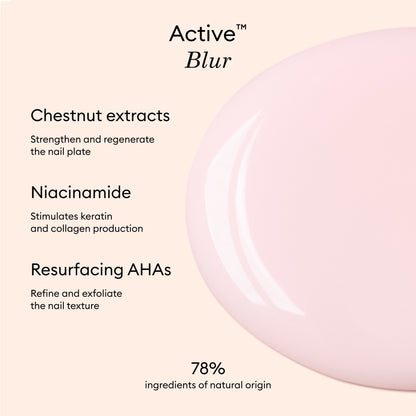 A promotional graphic for Manucurist Active Blur shows a pink, glossy substance on the right and text on the left highlighting its nail-enhancing, blurring care formula with 78% natural origin ingredients.