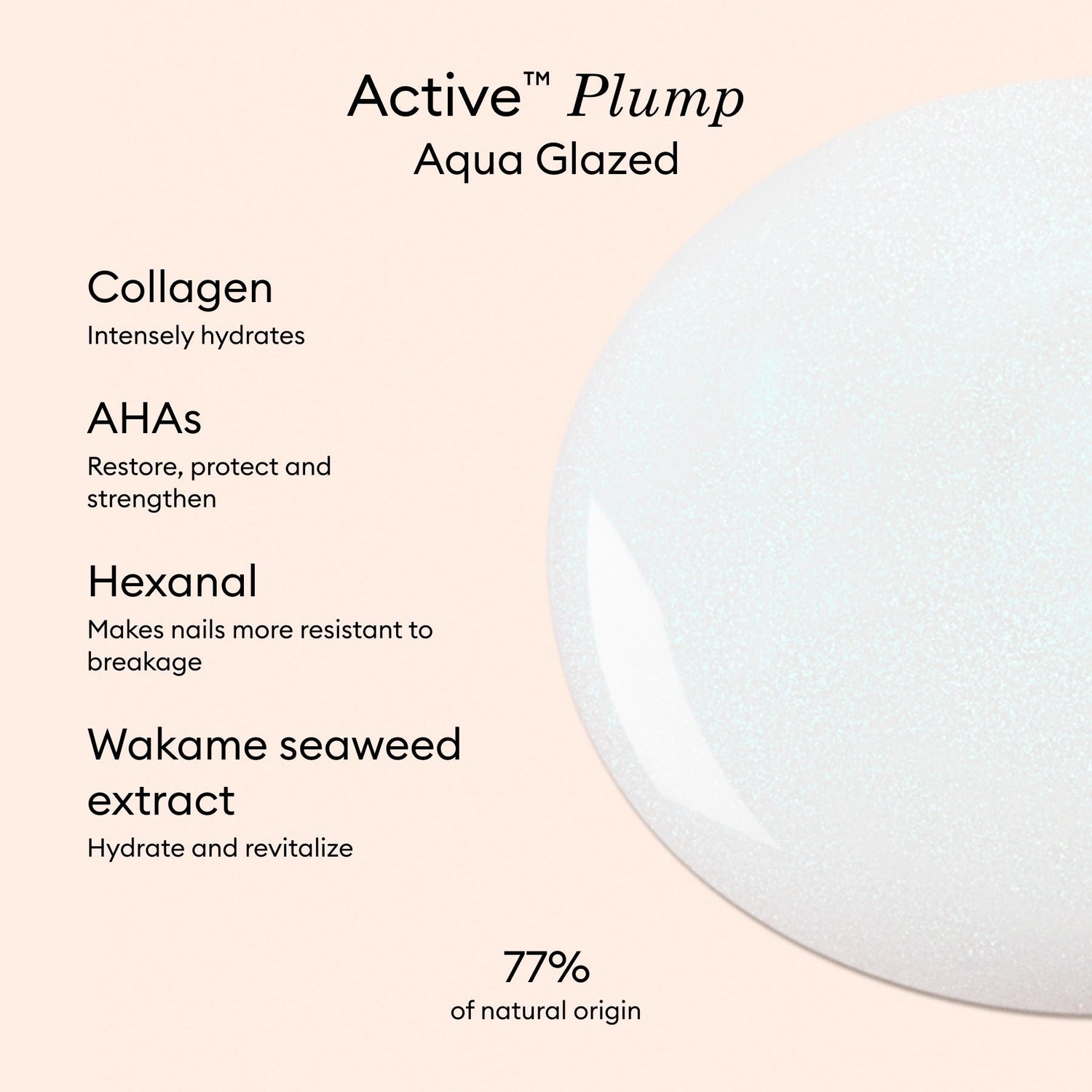 A product image for Manucurist Active Plump Aqua Glazed showcases Collagen, AHAs, Hexanal, and Wakame seaweed extract for volumised, hydrated nails. The 77% natural origin formula appears as a white liquid texture on the right.