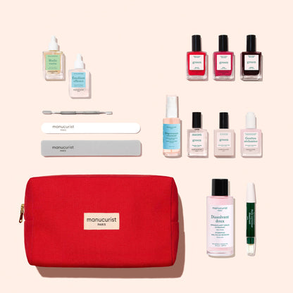The Manucurist Addict Kit features a red zippered pouch containing a green manicure kit with bottles of gel-effect nail polish, base coats, treatments, a remover, a correction pen, and two nail files.