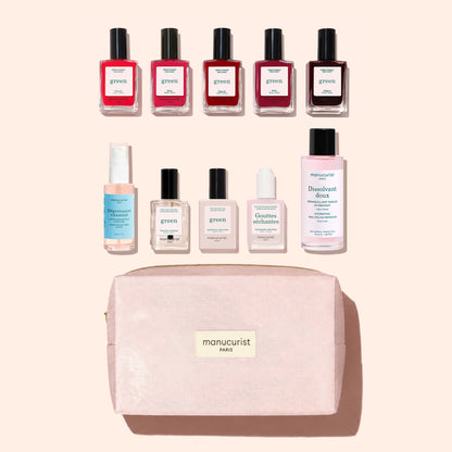 Manucurist Super Starter Kit featuring five red and pink gel-effect nail polish bottles, four nail care products, and an organic cotton pouch.