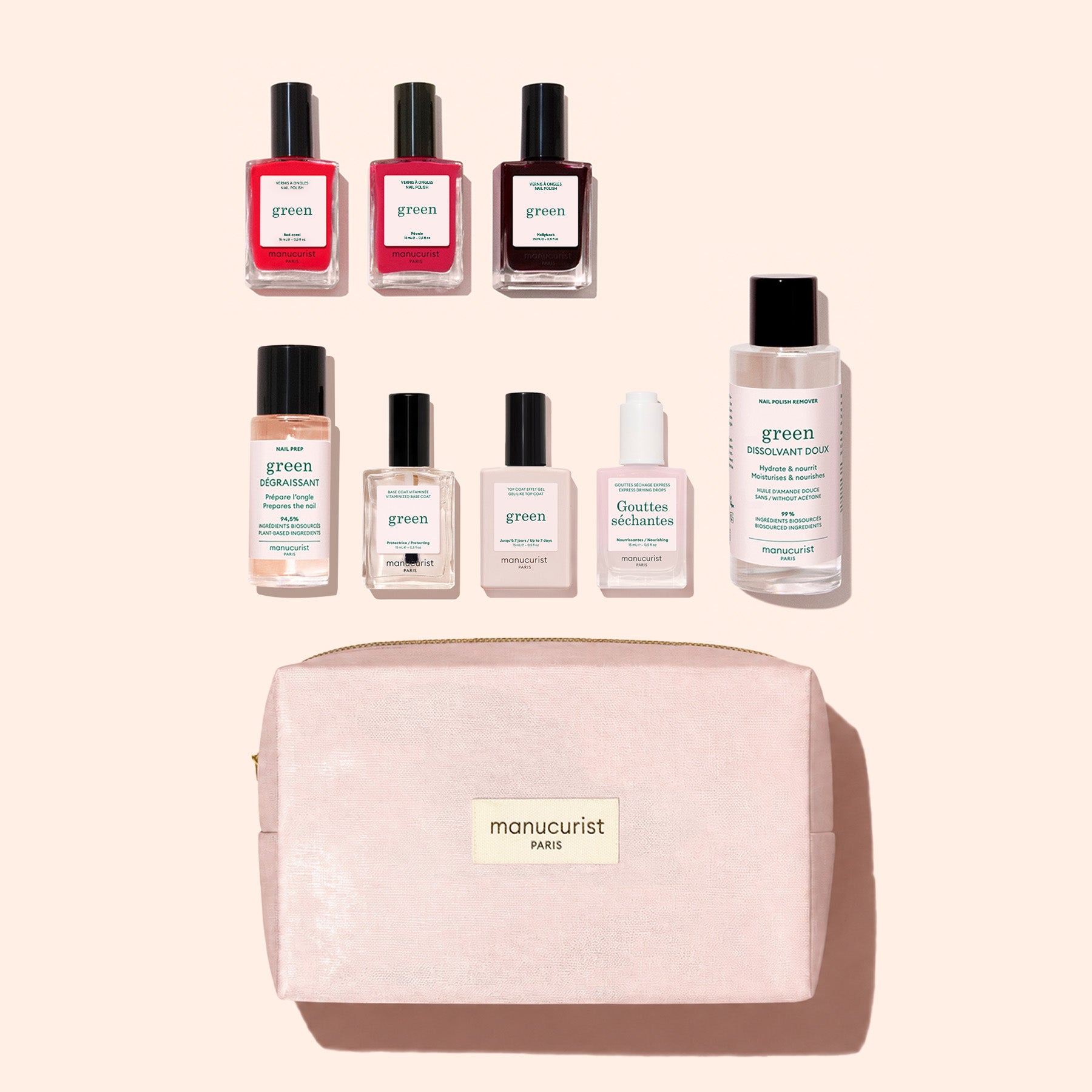 The Manucurist Starter Kit, featuring gel-effect nail polish, nail care bottles, and remover, is displayed above an organic cotton pouch labeled “manucurist PARIS” against a beige background.