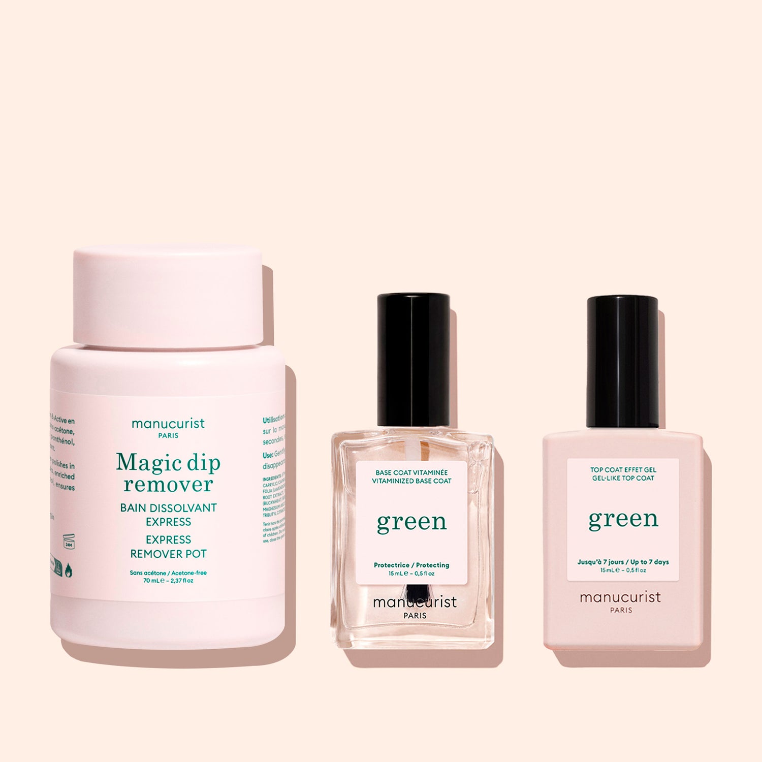 Three manicure products on a light pink background: Manucurist&