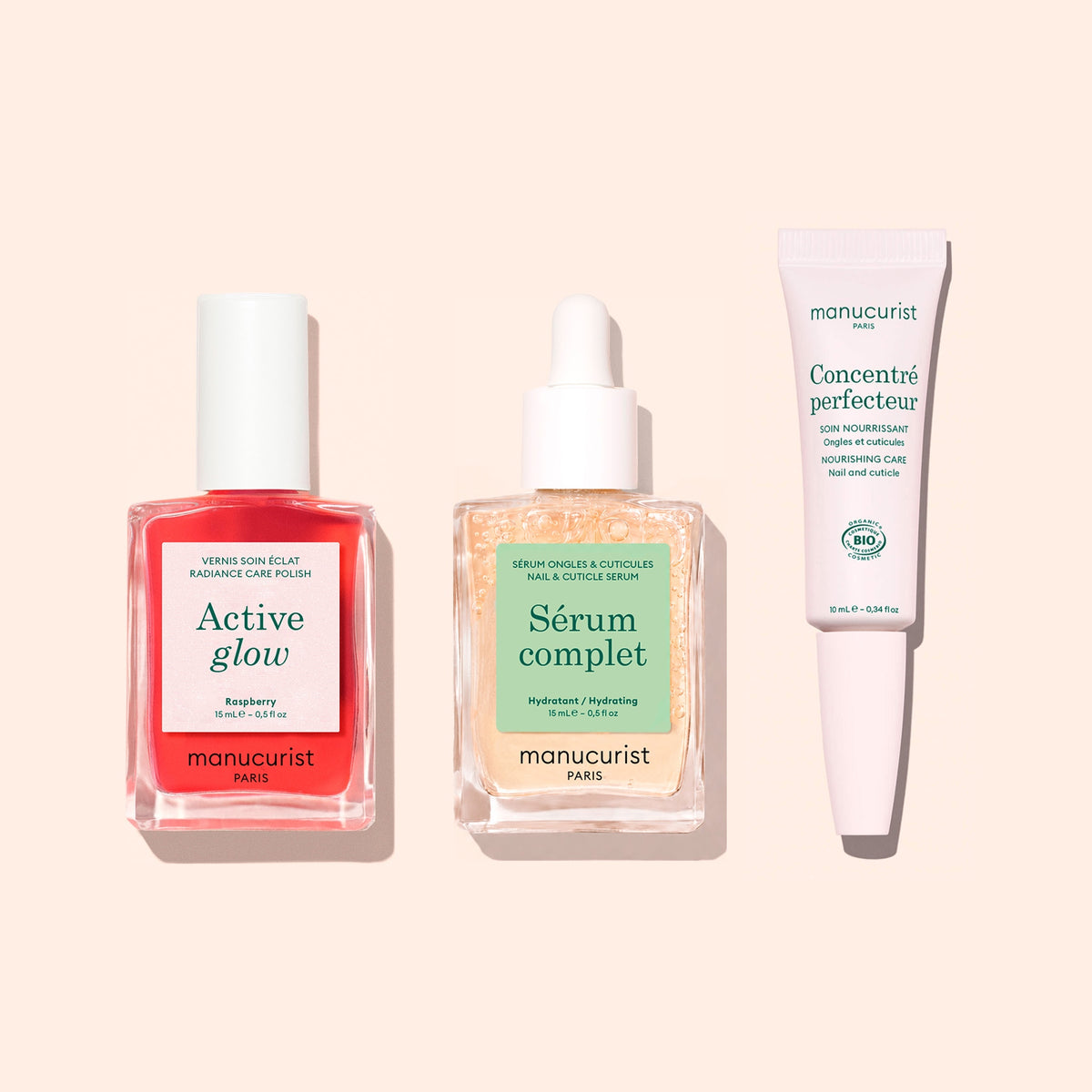 Manucurist Basic Routine - Sensitive Nails featuring a bottle of pink nail polish, a bottle of clear nail care serum, and a tube of cuticle cream.