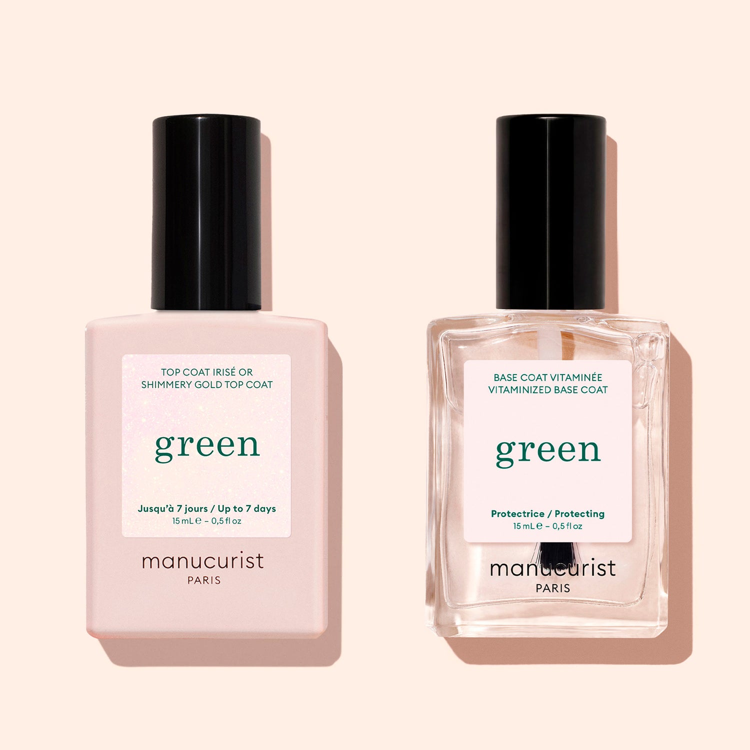 Two bottles of Manucurist nail products: a pink Glitter Top Coat with a gel-like finish on the left and a clear Base Coat on the right, both with black caps, set against a light beige background.