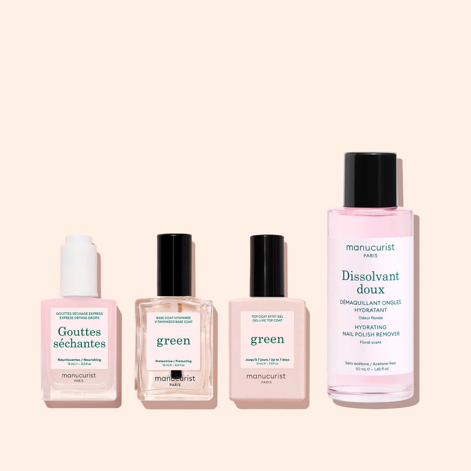 Four Manucurist essentials are arranged on a pale background: Drying Drops with ceramides, two green nail polishes, and a gentle remover, all labeled with the Manucurist brand.