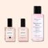 Three manicure products on a light pink background: two square bottles of Manucurist Vitaminised Base Coat Green™ with KeraHCE+ to strengthen nails, plus one larger bottle of pink Manucurist hydrating nail polish remover.
