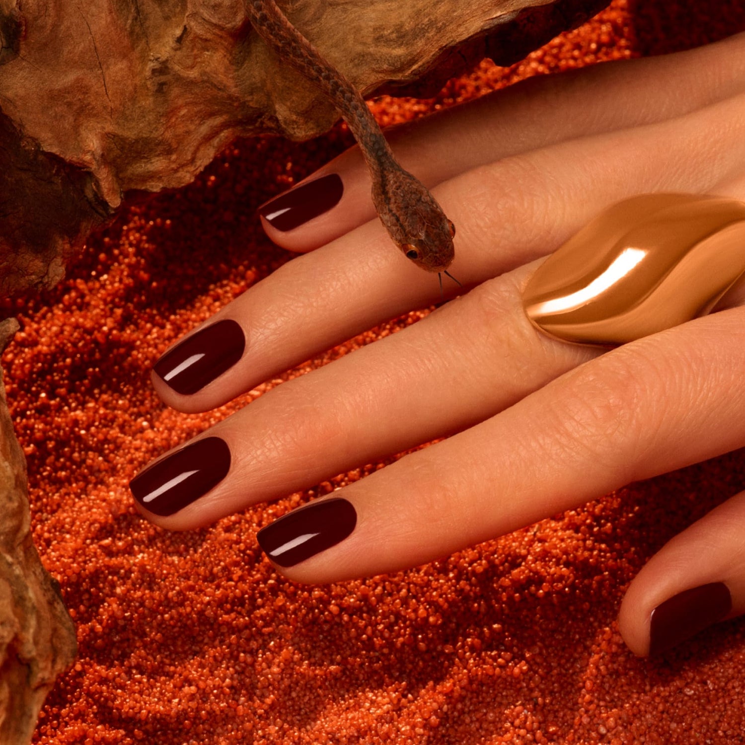 A hand with Grenat by Manucurist—earthy red polished nails—rests on reddish sand, adorned with a large, smooth, brown ring. A small brown snake hovers above the hand.