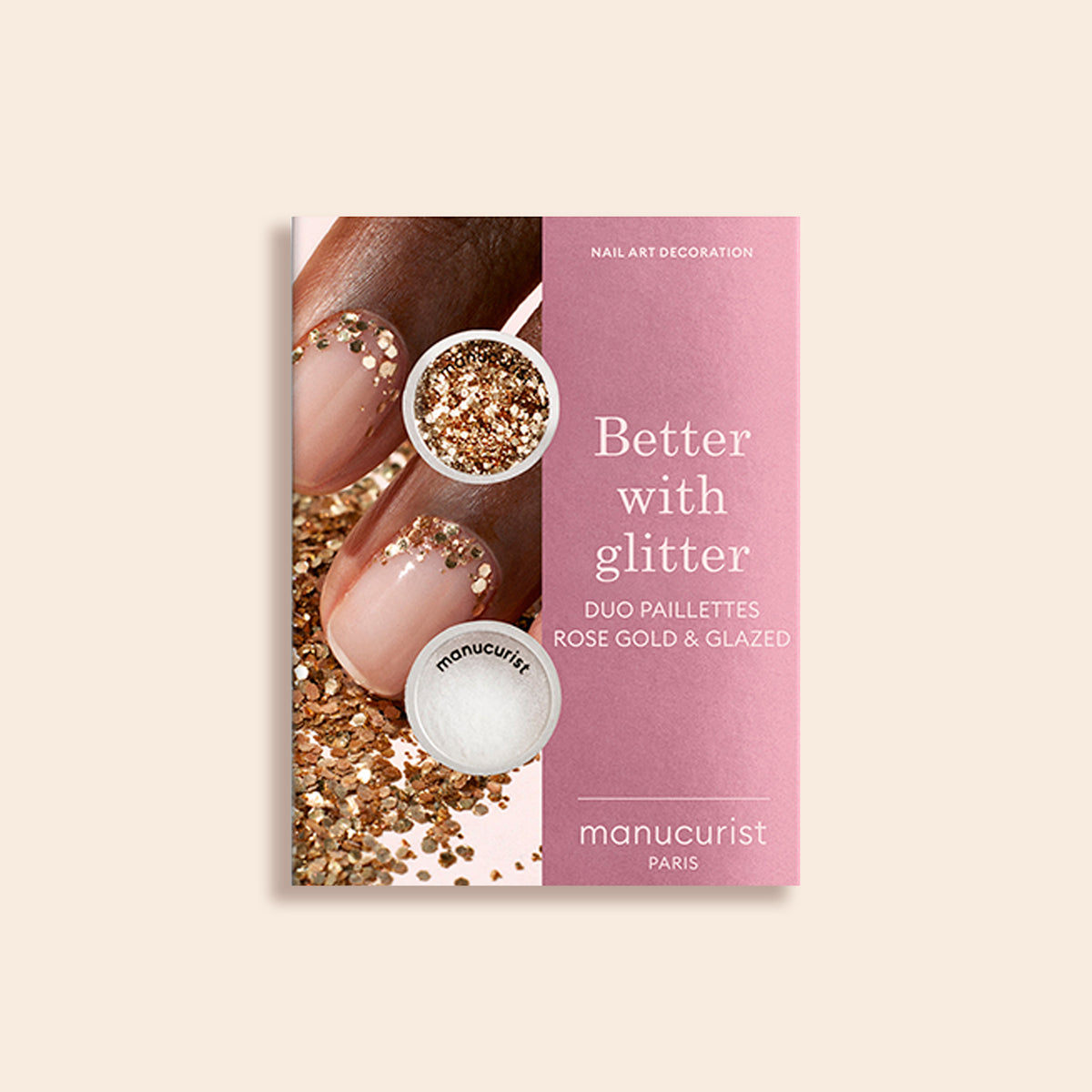 The Glitter Duo Rose Gold  Glazed kit by Manucurist features a pink and beige package with close-up glitter nails, two small jars—one for pearlescent shine—and the brand name at the bottom.