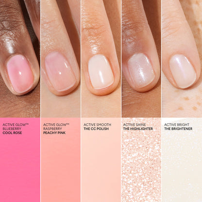Five hands with different skin tones display manicured nails in sheer or shimmery pink and nude shades, each matched to swatches and names—showcasing the Manucurist Ultimate Active Manicure Kit.