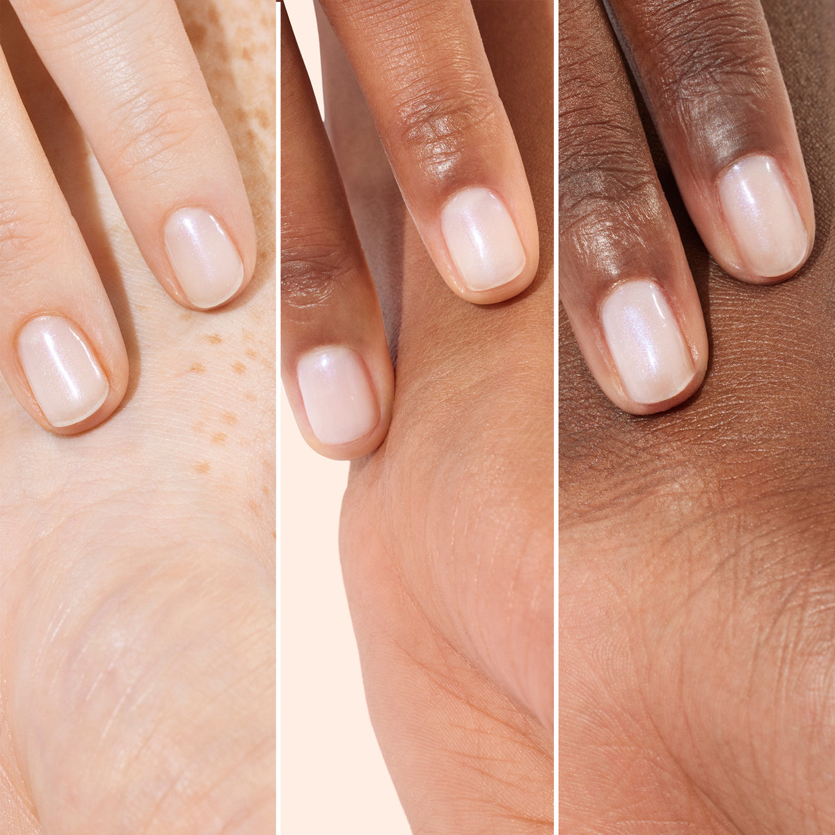 Three hands with different skin tones display neatly manicured nails painted with Manucurist’s Active™ Bright bio-based nail polish, a sheer, light pink shade. The image is divided into three vertical sections, each featuring a close-up of a hand, underscoring the brand’s commitment to nail care and inclusivity.