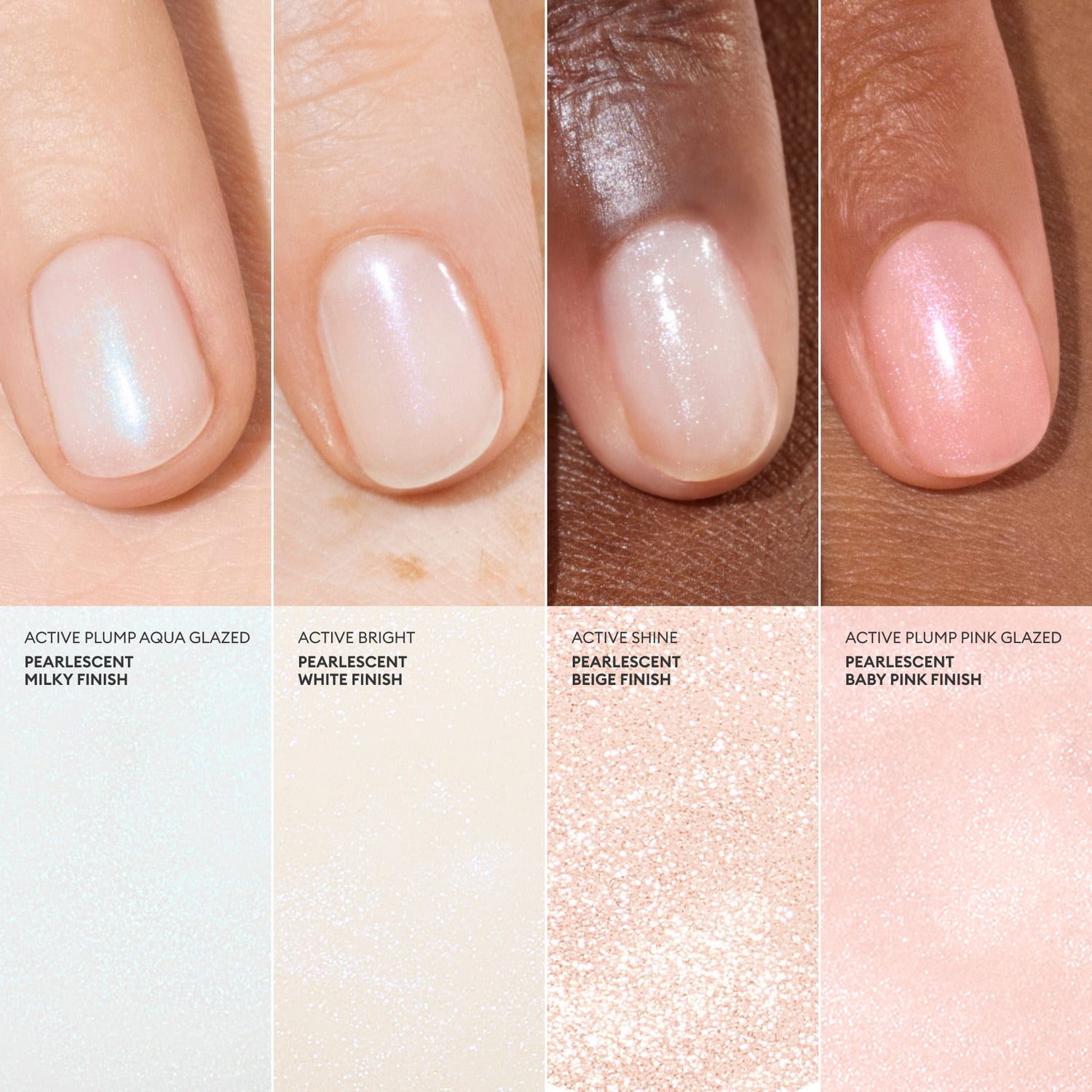 Four close-up images of nails painted with Manucurist Active™ Shine, a pearlescent, plant-based nail polish collection in aqua glazed milky, white, beige, and baby pink finishes—each shade beautifully showcased on different skin tones. Swatches of every color are displayed beneath each nail to help you find your perfect match while supporting nail care that helps strengthen your nails.