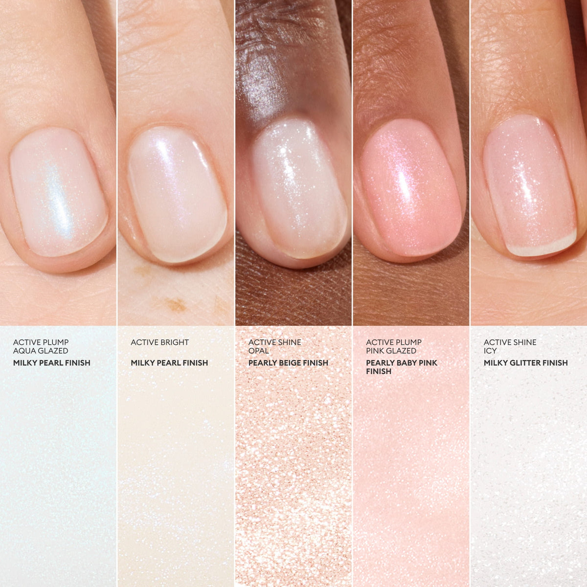Four fingernails painted in sheer, pearlescent shades of milky white, bright white, beige, and baby pink from the Active™ Addict Kit, displayed above matching color swatches.
