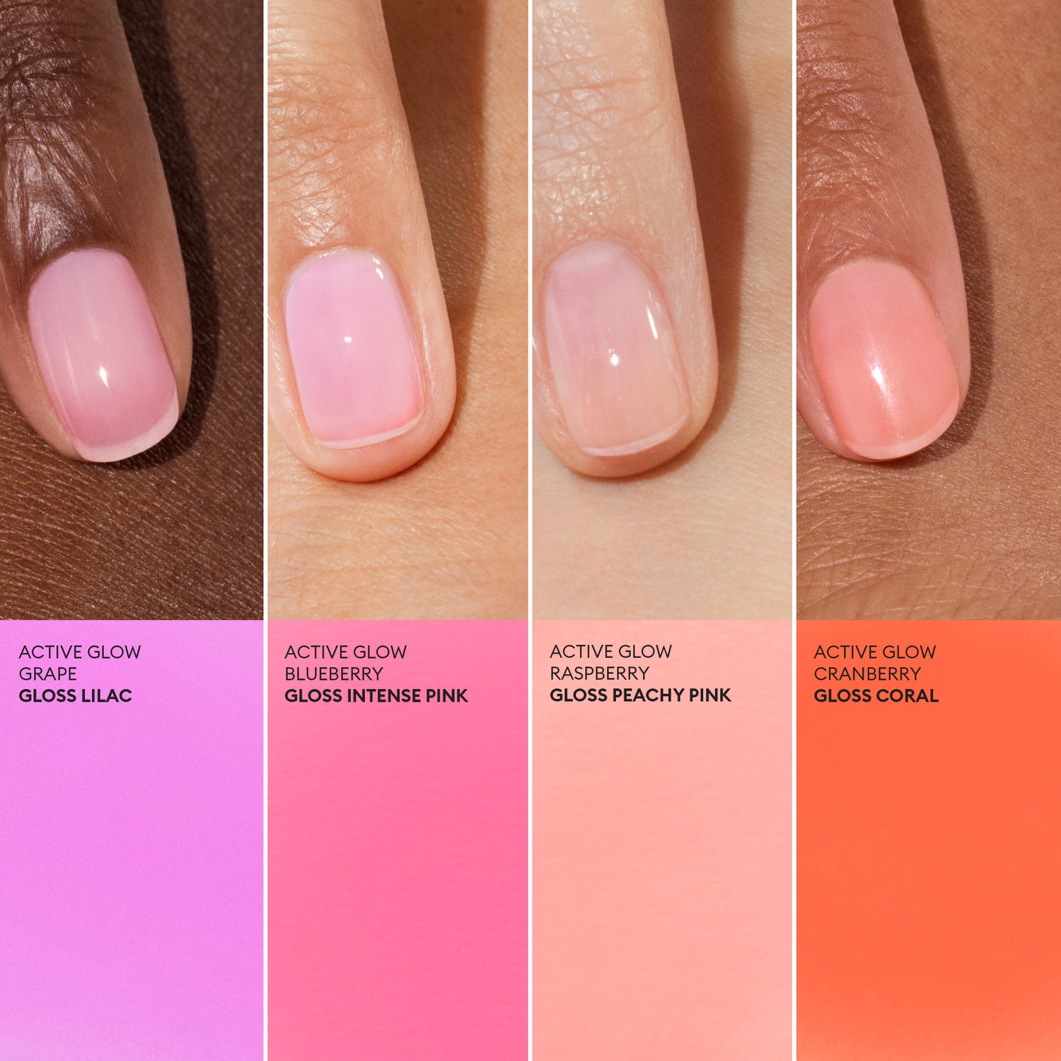 Four hands with manicured nails, each painted in a different glossy shade—lilac, intense pink, peachy pink, and vibrant coral—showcase the dazzling hues of Manucurist’s Active™ Glow Cranberry polish. Color swatches beneath each nail match the polish and are labeled with their respective shade names. This chic set highlights vibrant colors crafted with a gentle yet effective plant-based formula for healthy nail care.