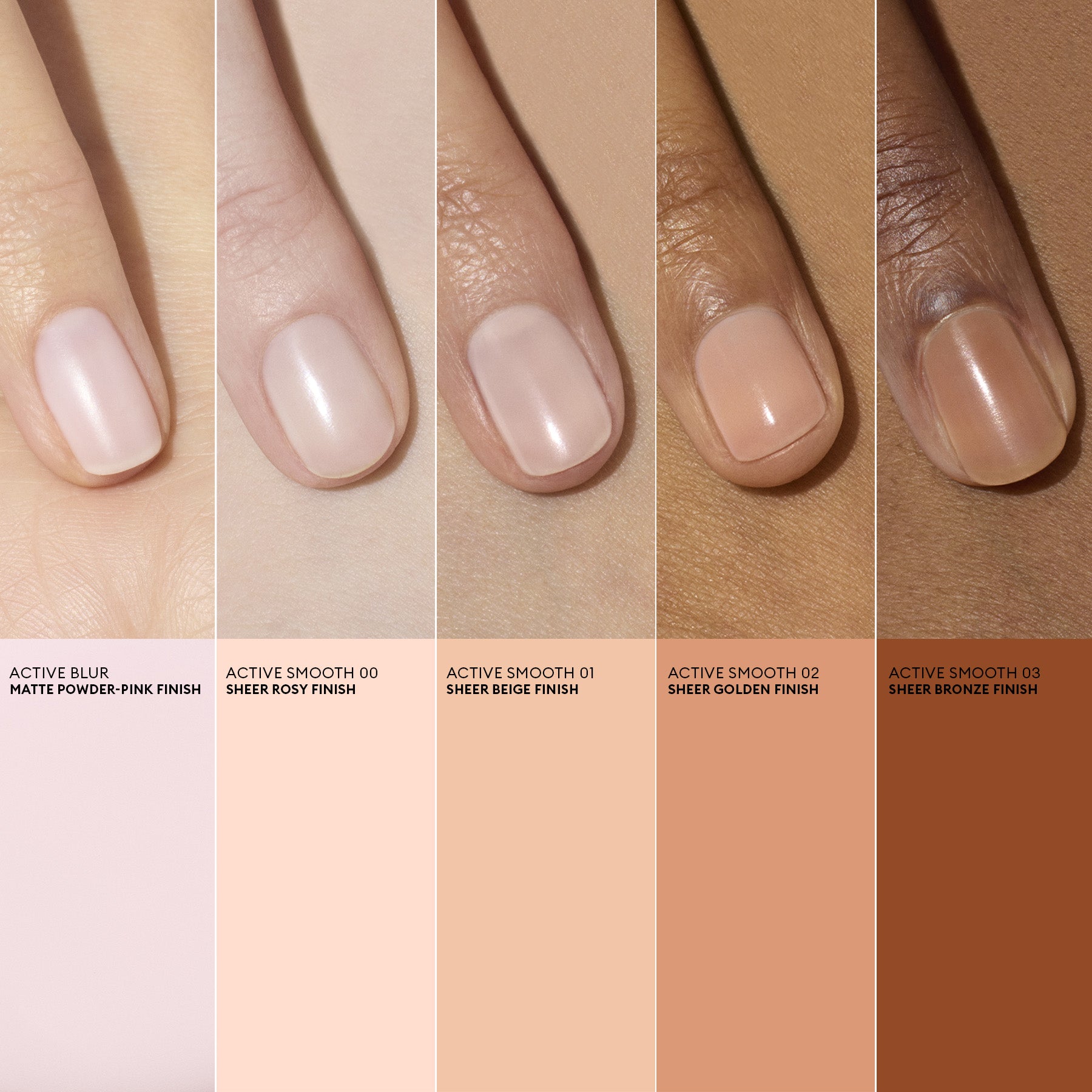 Four hands with different skin tones, each displaying nails painted in Manucurist’s Active™ Blur sheer nude blurring care polish. Below each hand are the corresponding Active™ Blur shades: Powder-Pink, Rosy, Beige, Golden, and Bronze. This elegant presentation showcases the ideal fusion of delicate color and nourishing formula, making it perfect for those who want both beauty and nail-strengthening benefits.