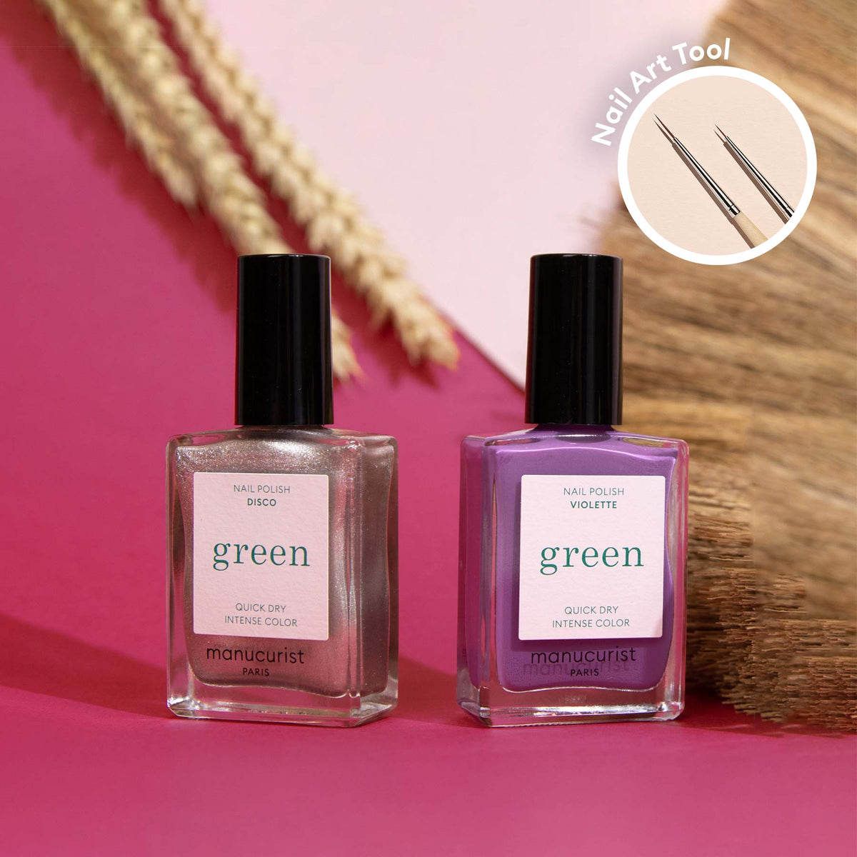 Two bottles from Manucurist’s Shiny Summer collection—one shimmery pink, one purple—stand on a brown surface with dried grasses. Top right inset shows two “Nail Art Tool” brushes for creative, shiny summer nail art.