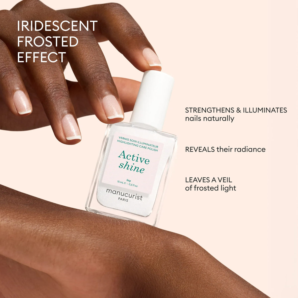 A hand holds a bottle of Manucurist Active™ Shine Icy nail care, with text highlighting its benefits: strengthens nails, reveals radiance for brighter-looking nails, and leaves an iridescent frosted effect.