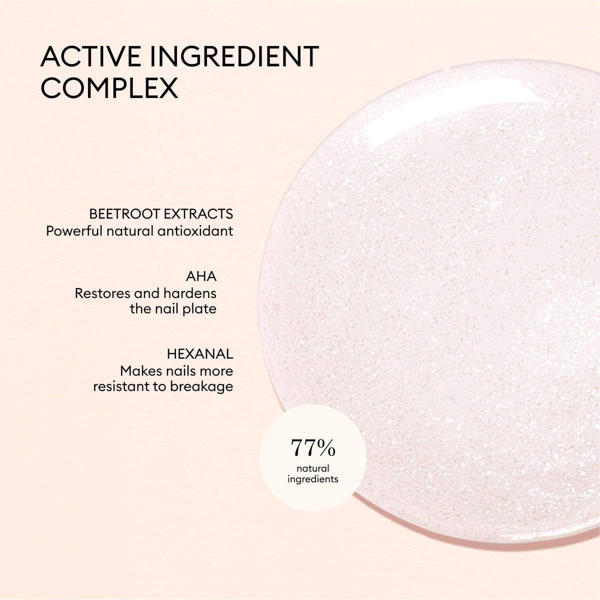 A promotional image for Manucurist’s Active™ Shine Icy features a text overlay highlighting its unique active ingredient complex—Beetroot extracts, AHA, and hexanal—to promote healthy nails. A circular text bubble notes that the formula is comprised of 77% natural ingredients. On the right, the shimmery gel texture of Active™ Shine Icy is displayed, emphasizing its power to create luminous nail polish effects and brighter-looking nails. The entire scene sits against a pale pink background.