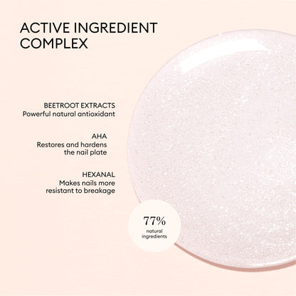 A promotional image for Manucurist’s Active™ Shine Icy features a text overlay highlighting its unique active ingredient complex—Beetroot extracts, AHA, and hexanal—to promote healthy nails. A circular text bubble notes that the formula is comprised of 77% natural ingredients. On the right, the shimmery gel texture of Active™ Shine Icy is displayed, emphasizing its power to create luminous nail polish effects and brighter-looking nails. The entire scene sits against a pale pink background.
