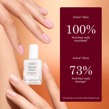 A hand holds the Manucurist Active™ Travel-Size Duo, surrounded by perfectly manicured nails—essential for any nail care routine. Text reads: 100% find their nails nourished, and 73% find their nails stronger. Clinical test on 21 women after 3 weeks of use.