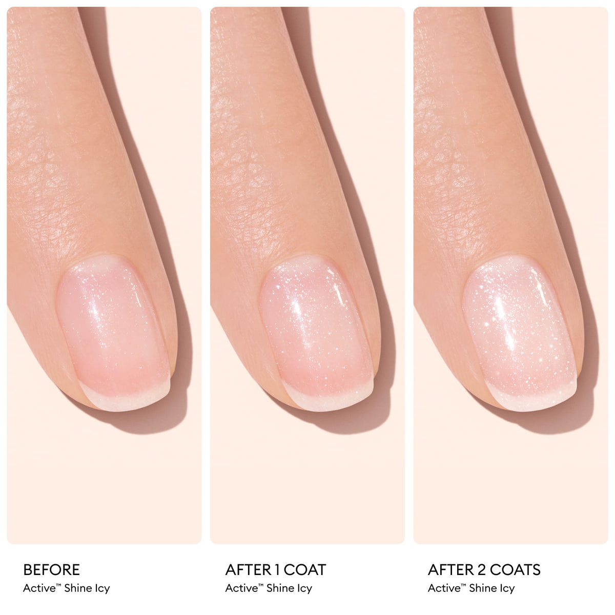Three close-up images of a fingernail illustrate the transformation: the bare nail, the nail with one coat of Manucurist Active™ Shine Icy, and with two coats—each image labeled as Before, After 1 coat, and After 2 coats. Perfect for effective nail care routines, this polish enhances your nails with a brighter look after each layer.