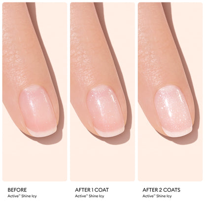 Three close-up images of a fingernail illustrate the transformation: the bare nail, the nail with one coat of Manucurist Active™ Shine Icy, and with two coats—each image labeled as Before, After 1 coat, and After 2 coats. Perfect for effective nail care routines, this polish enhances your nails with a brighter look after each layer.