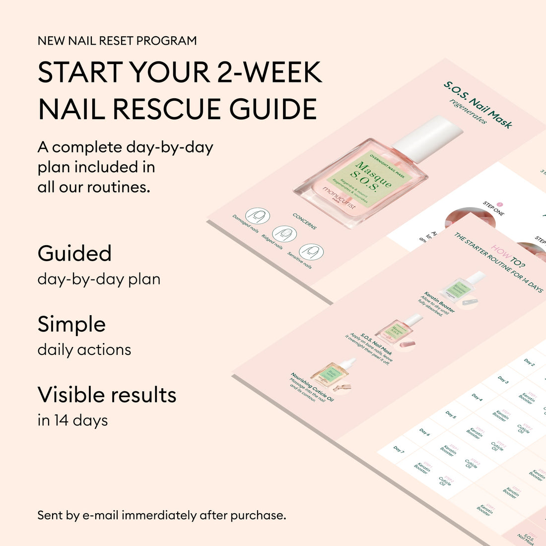 An info graphic for Manucurist’s “Basic Routine - Ridged Nails” features nourishing cuticle oil, routine charts, and text highlighting guided daily plans, simple steps, and visible nail improvement in 14 days.