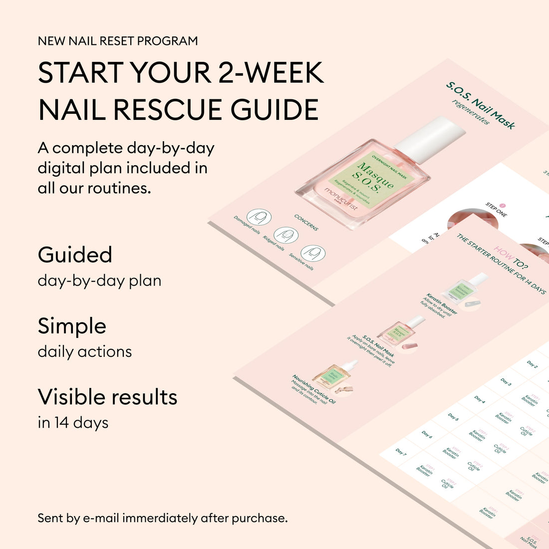 A promotional image for Manucurist’s Basic Routine - Sensitive Nails features a pink bottle of nail mask and a digital daily plan, offering a guided 2-week program with simple steps for stronger nails and an improved nail care routine.