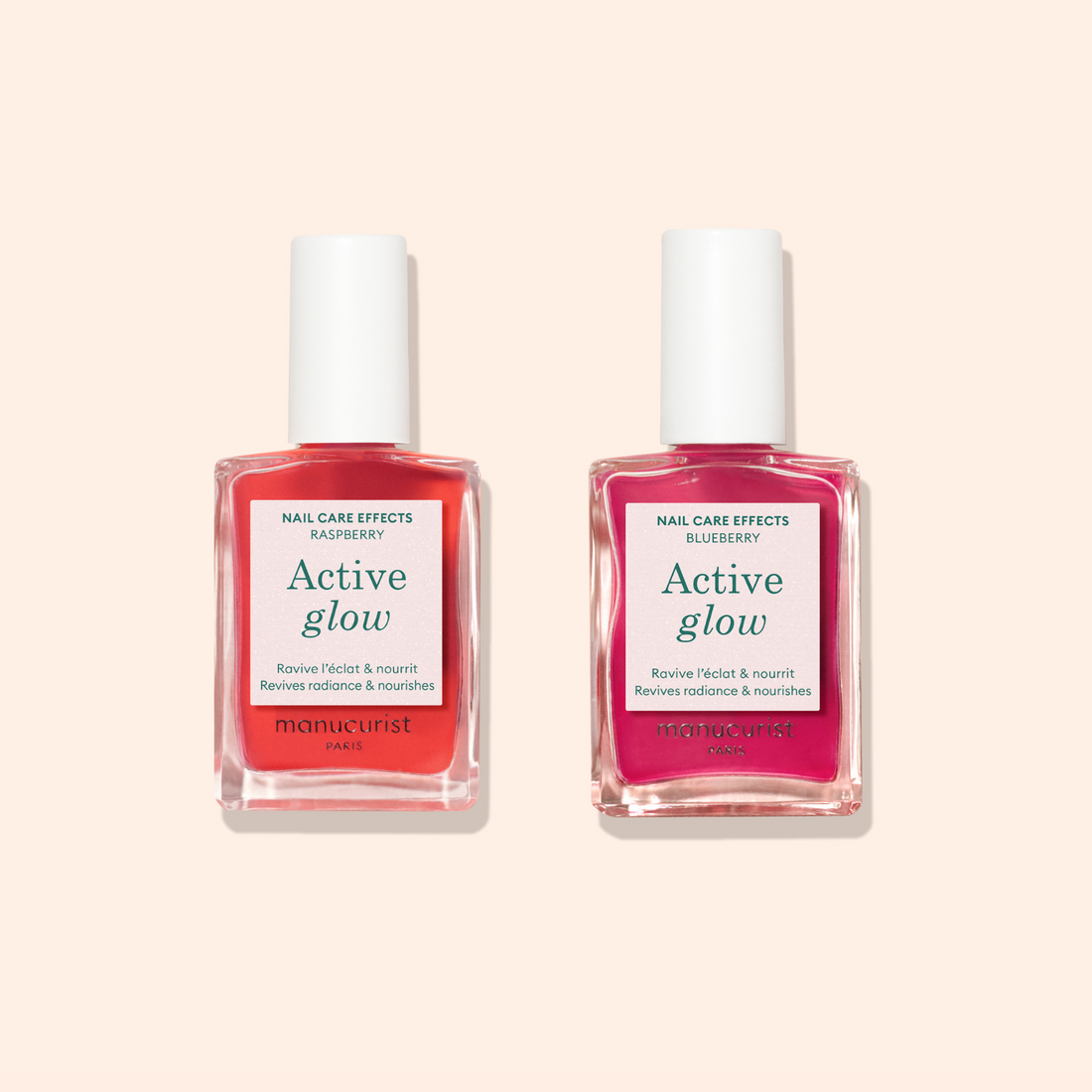 Two bottles of Manucurist Active™ Duo nail care are displayed on a light beige background. The vibrant duo features pink-toned liquid to promote natural nails and provide gentle repair.