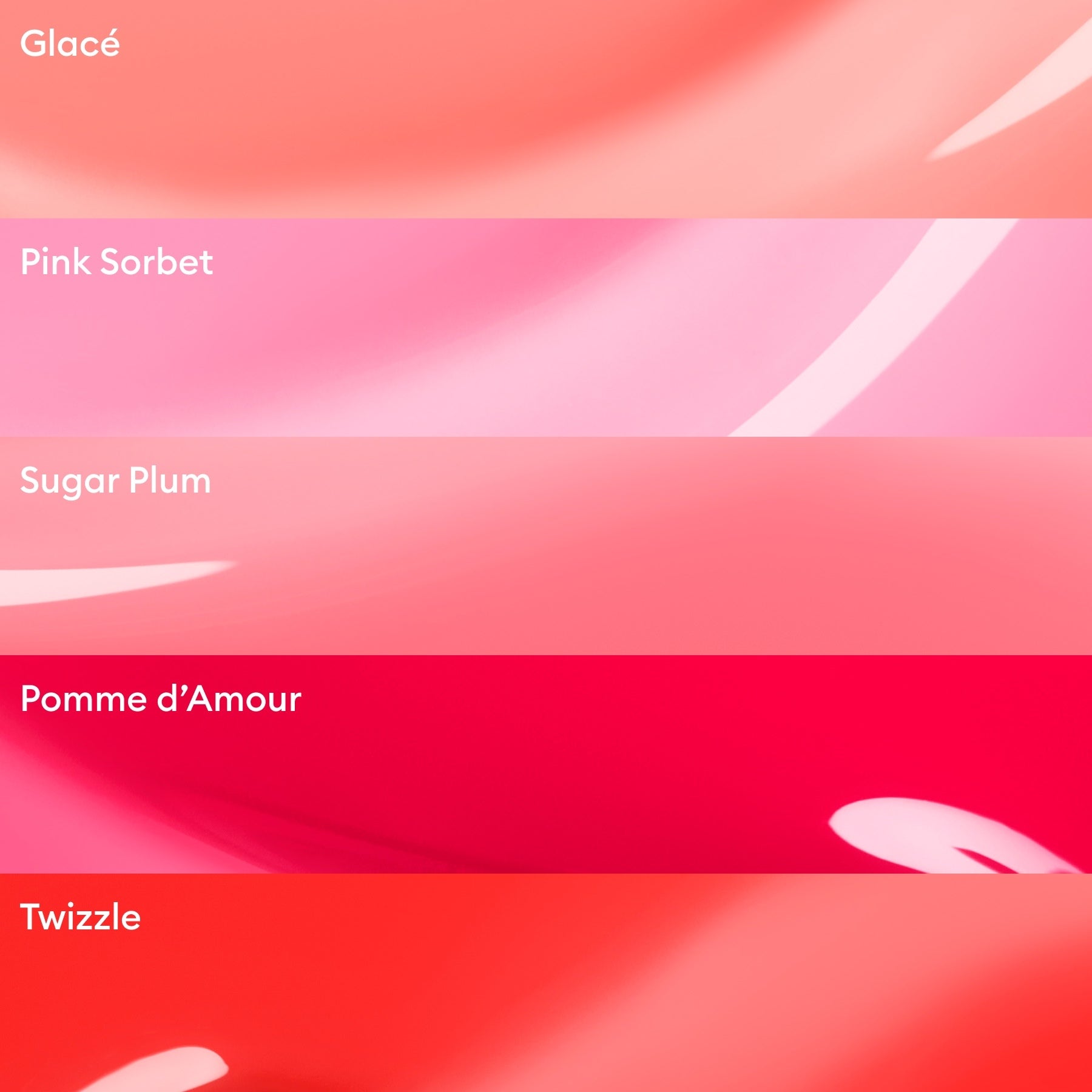 Five horizontal swatches of glossy Rainbow Collections by Manucurist, inspired by curated colour palettes, range from pale pink to deep red—Glacé, Pink Sorbet, Sugar Plum, Pomme d’Amour, and Twizzle—each labeled with its name.