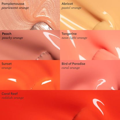 Six close-up swatches of orange nail polish shades from Manucurist’s Tangerine range, each labeled: Pamplemousse (pearlescent orange), Abricot (orange), Peach (peachy orange), Sunset (neon light orange), Bird of Paradise (coral orange), Coral Reef (reddish orange).