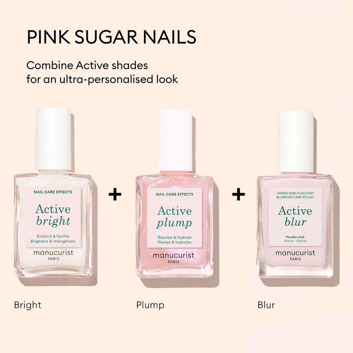 The Manucurist Customisable Trio Active™ features three nail care polishes arranged on a pale pink background, with text showcasing their makeup effect for a personalised look.