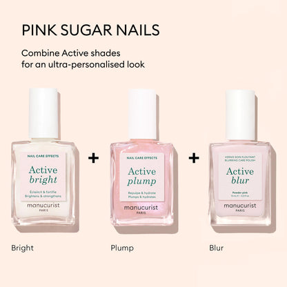 The Manucurist Customisable Trio Active™ features three nail care polishes arranged on a pale pink background, with text showcasing their makeup effect for a personalised look.