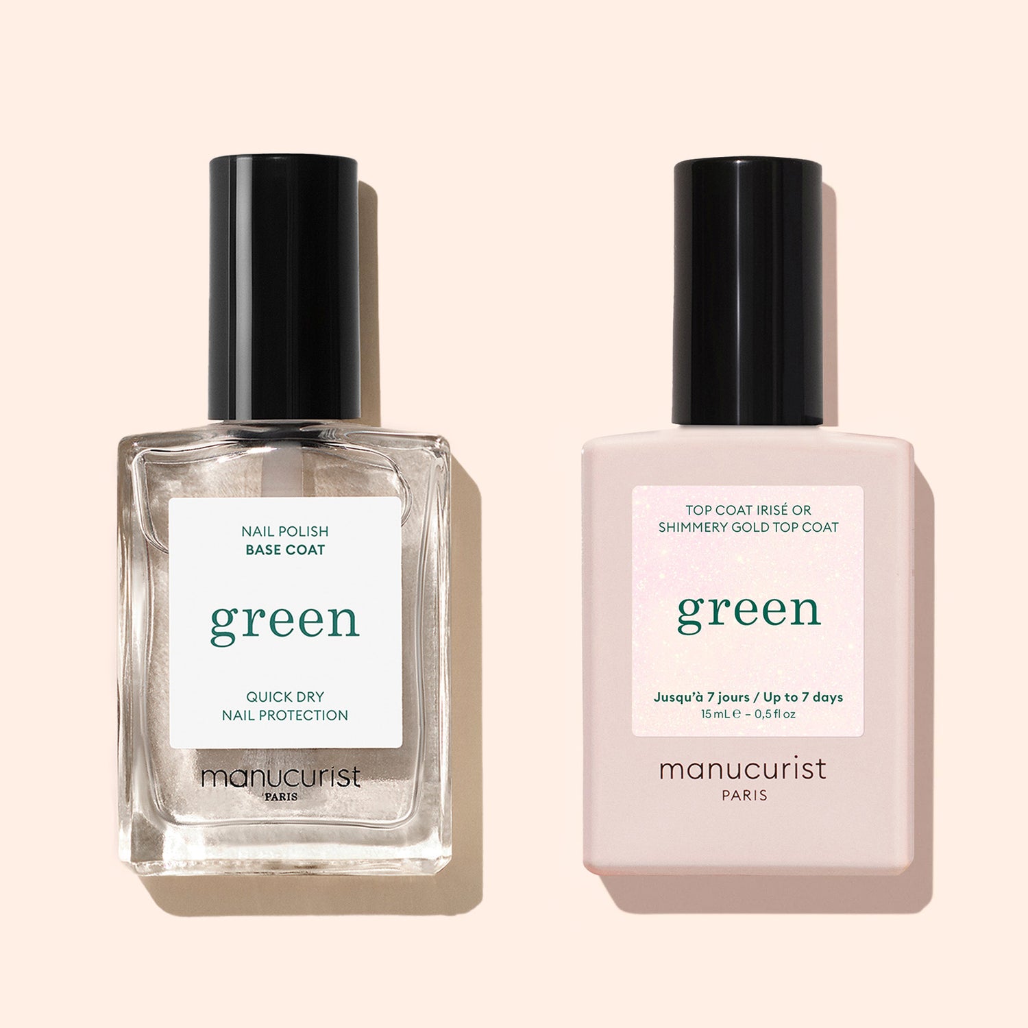 Two Manucurist products are shown: a clear base coat in a square bottle on the left, and the Manucurist Glitter Top Coat with a gel-like finish in a rectangular bottle on the right; both bottles are labeled "green.