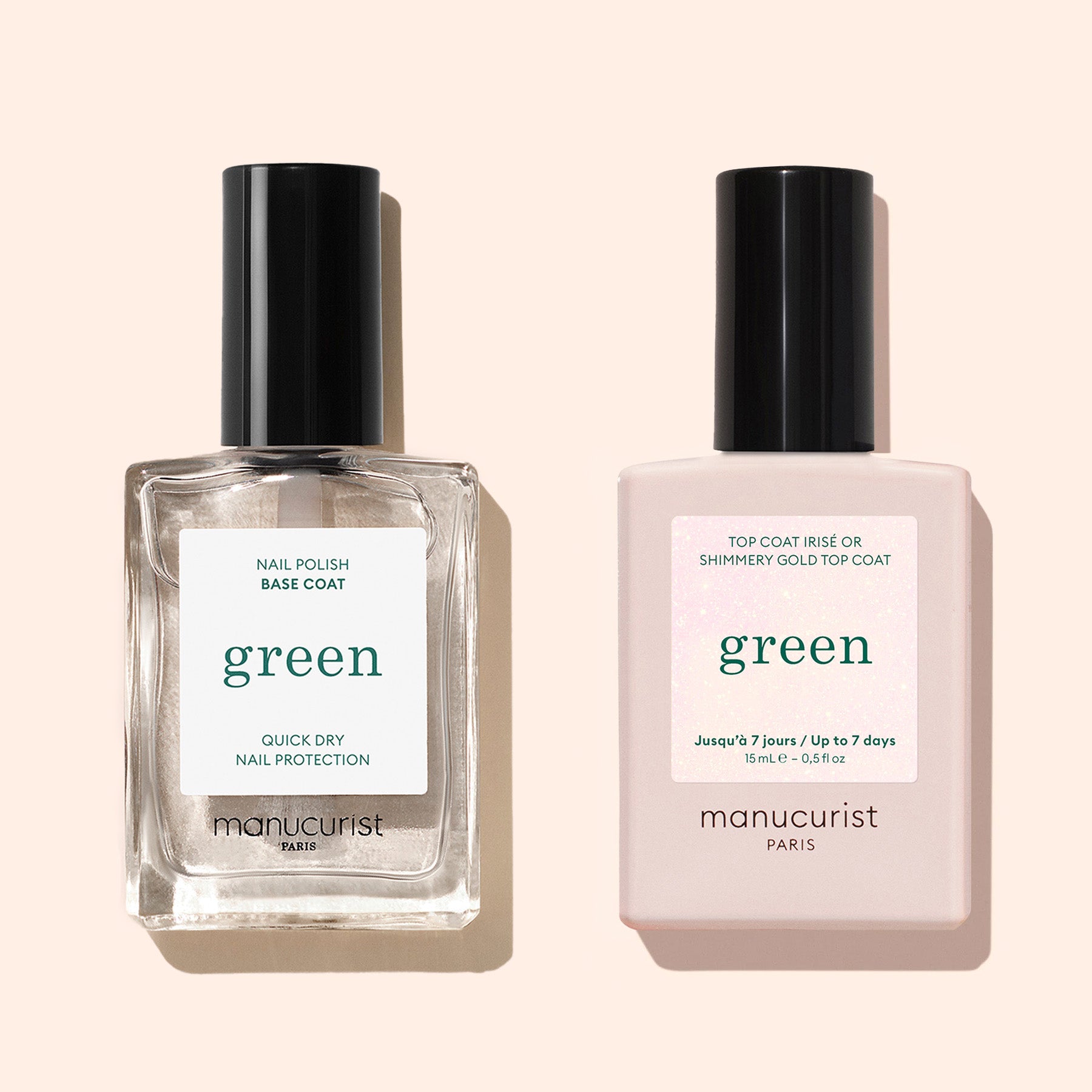 Two Manucurist products are shown: a clear base coat in a square bottle on the left, and the Manucurist Glitter Top Coat with a gel-like finish in a rectangular bottle on the right; both bottles are labeled "green.