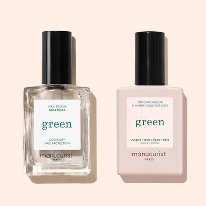 Two Manucurist products are shown: a clear base coat in a square bottle on the left, and the Manucurist Glitter Top Coat with a gel-like finish in a rectangular bottle on the right; both bottles are labeled "green.