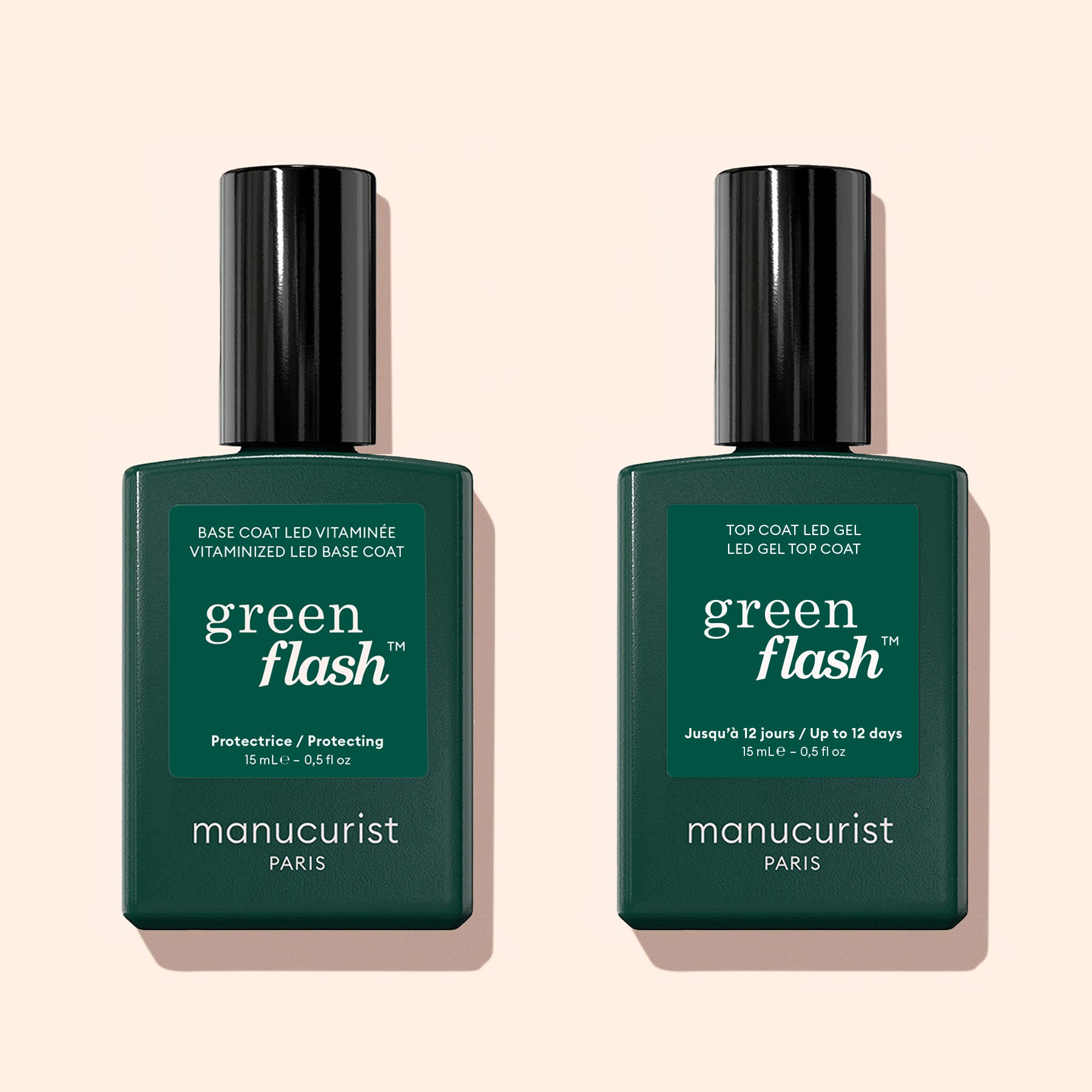 Two bottles of Manucurist Top Coat Green Flash™ with black caps are side by side on a light beige background, promising up to 12 days of shine.