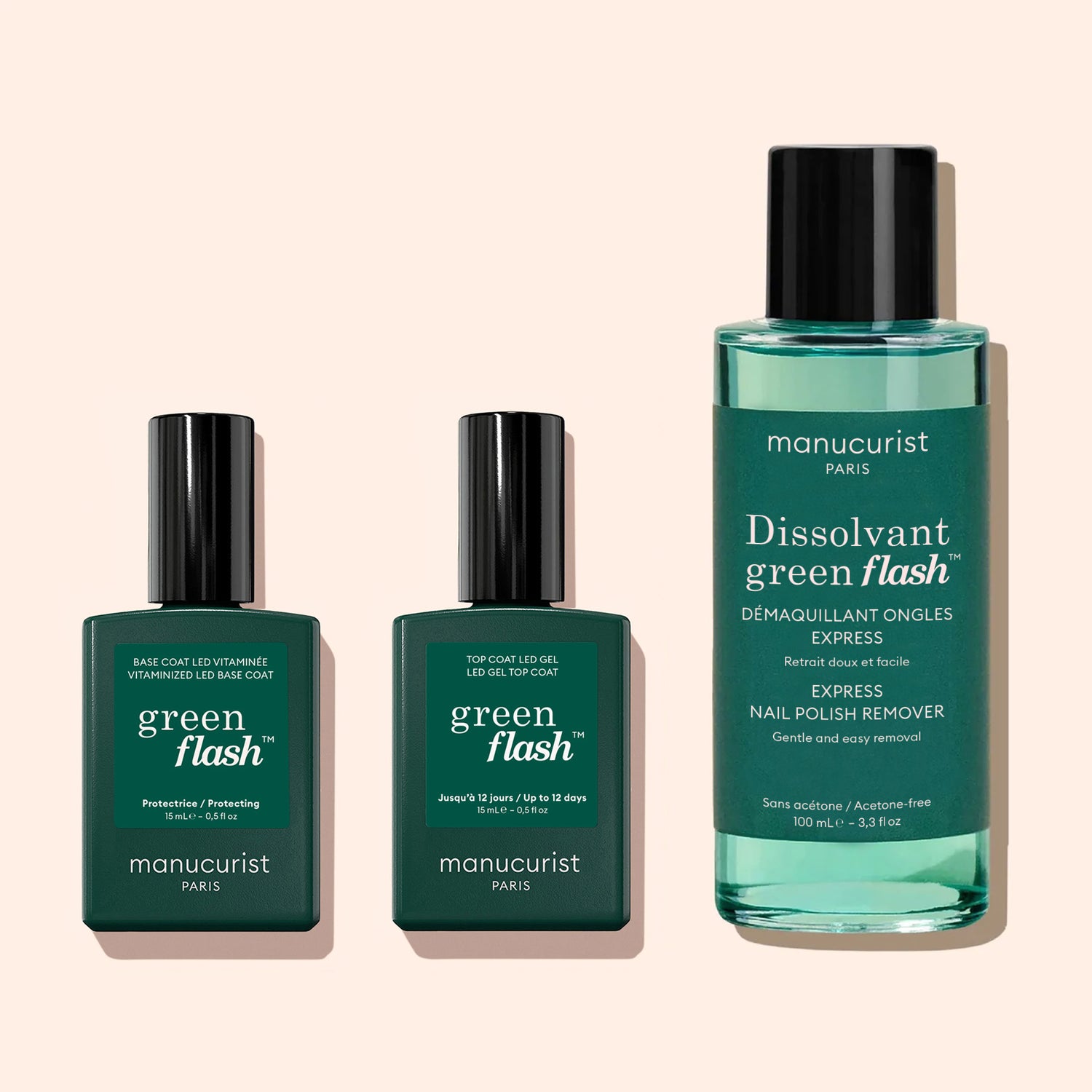 Three green Manucurist bottles: two square labeled Top Coat Green Flash™ gel polish for 12-day shine, and one tall round bottle of Green Flash nail polish remover.