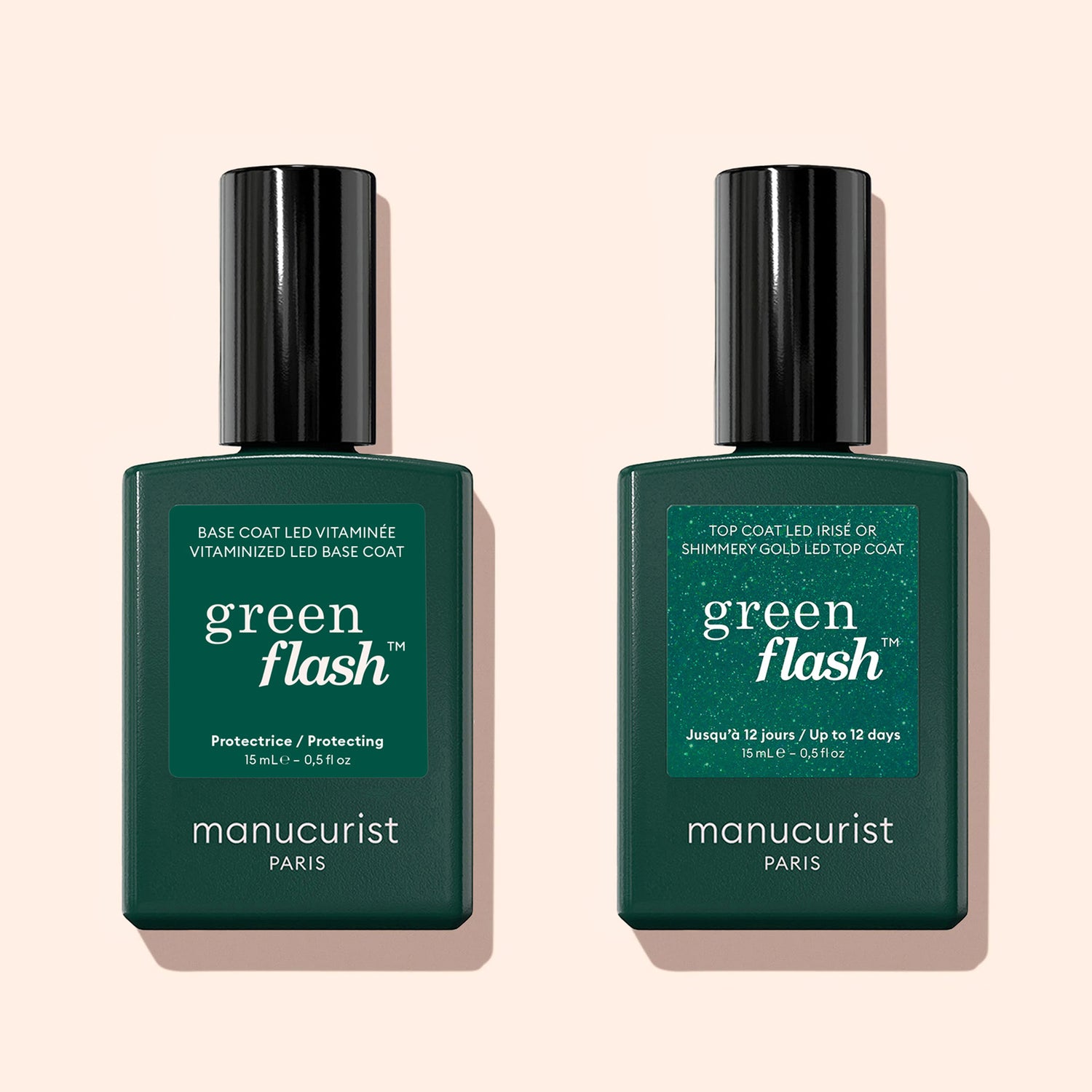 Two Manucurist nail polishes—a base coat and the Glitter Top Coat—are displayed side by side on a beige background. The Glitter Top Coat adds long-lasting gold and silver shimmer to your manicure.